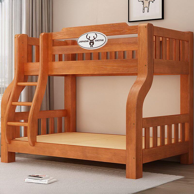 Modern Wooden Bunk Bed with Ladder, Guardrails and Drawer