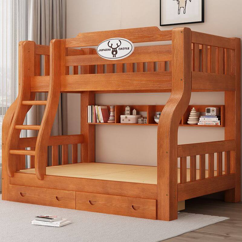 Modern Wooden Bunk Bed with Ladder, Guardrails and Drawer