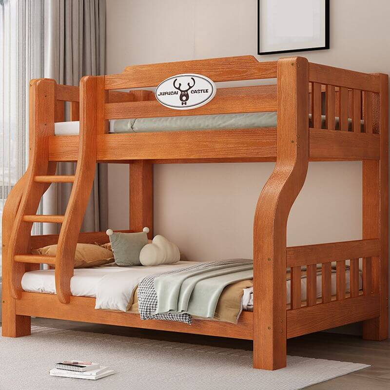 Modern Wooden Bunk Bed with Ladder, Guardrails and Drawer
