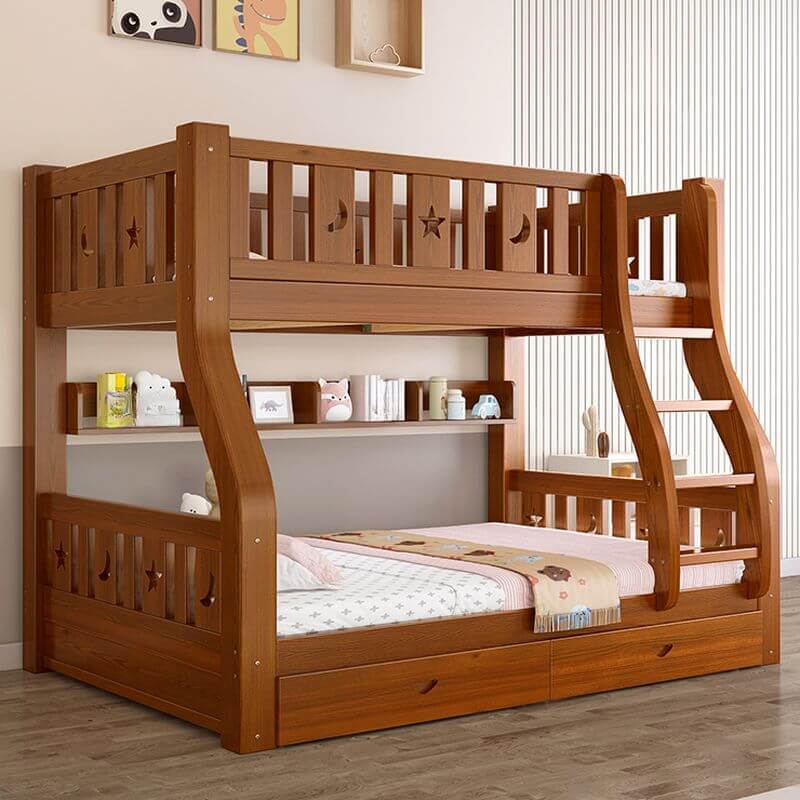 Modern Wooden Bunk Bed with Ladder, Guardrails & Two Mattresses