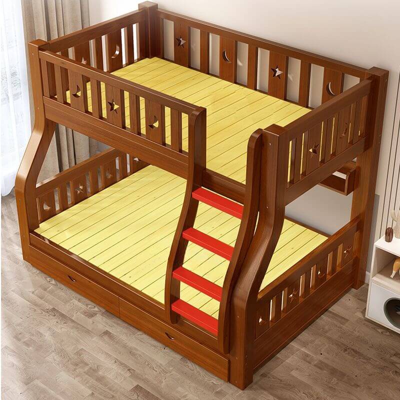 Modern Wooden Bunk Bed with Ladder, Guardrails & Two Mattresses