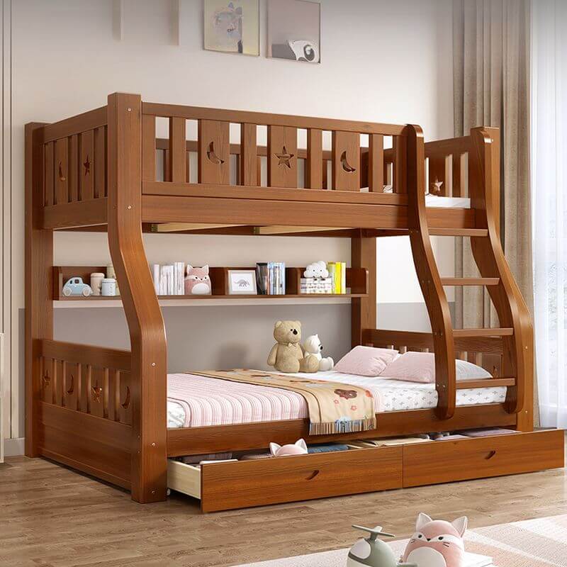 Modern Wooden Bunk Bed with Ladder, Guardrails & Two Mattresses