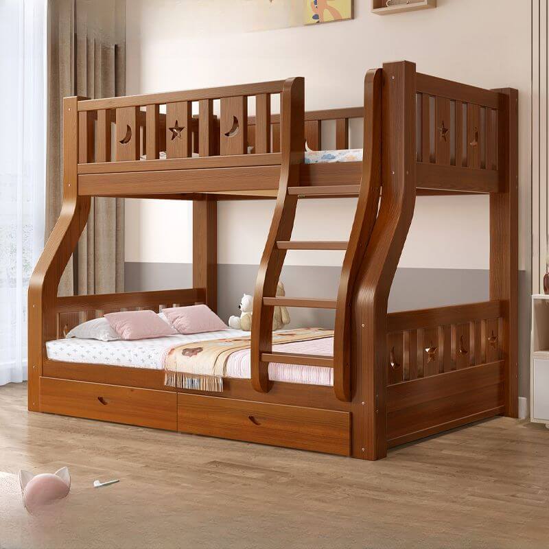 Modern Wooden Bunk Bed with Ladder, Guardrails & Two Mattresses