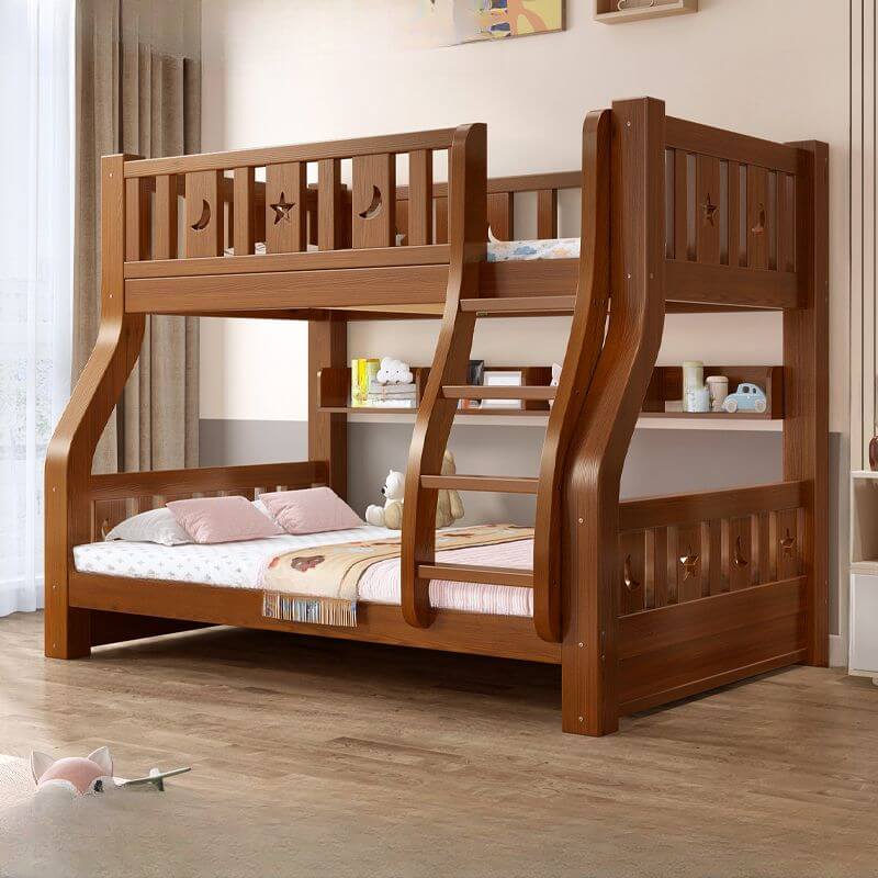 Modern Wooden Bunk Bed with Ladder, Guardrails & Two Mattresses