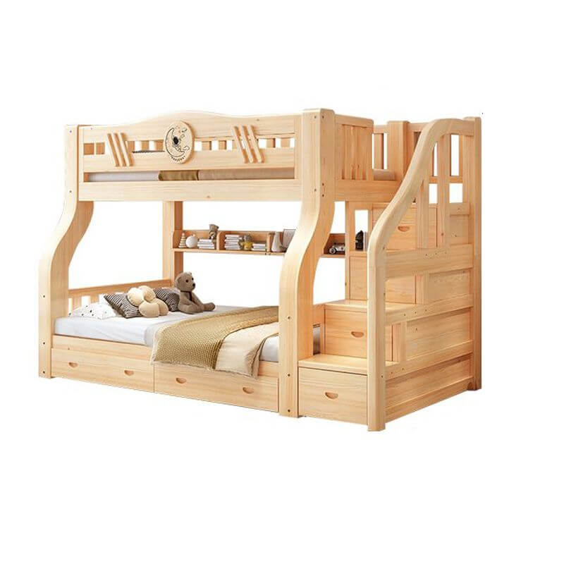 Modern Wooden Bunk Bed with Storage and Bookshelf