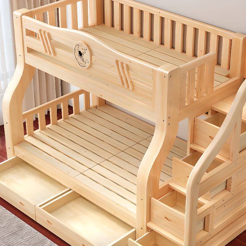 Modern Wooden Bunk Bed with Storage and Bookshelf