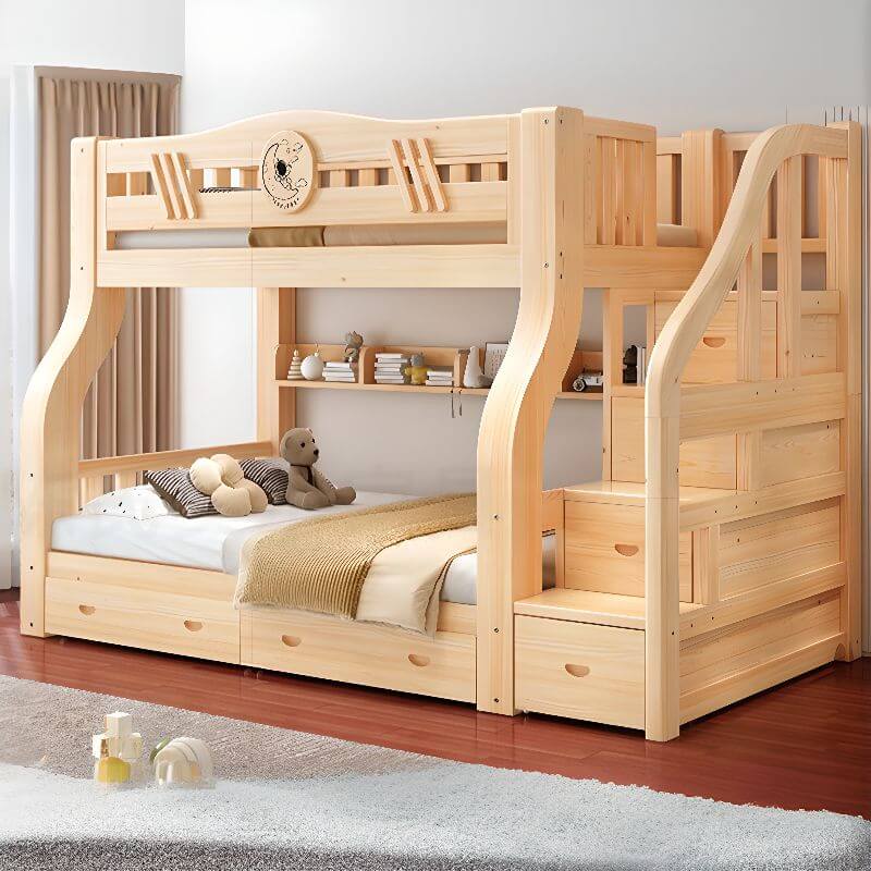 Modern Wooden Bunk Bed with Storage and Bookshelf
