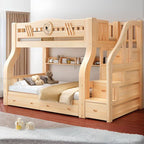 Modern Wooden Bunk Bed with Storage and Bookshelf