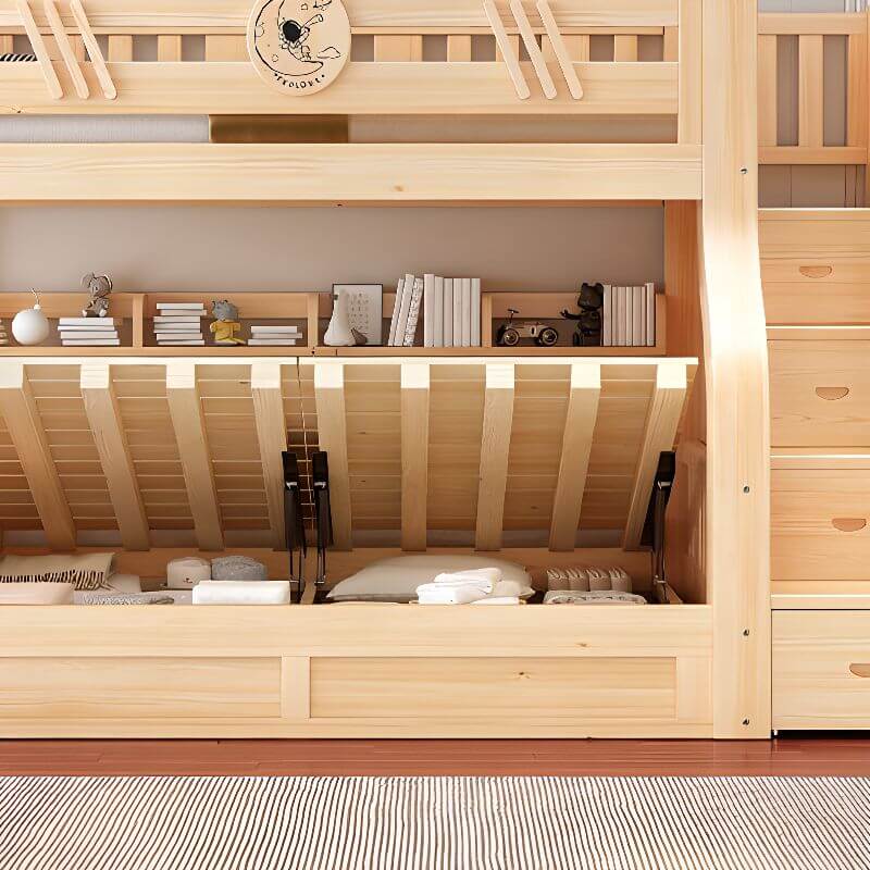 Modern Wooden Bunk Bed with Storage and Bookshelf