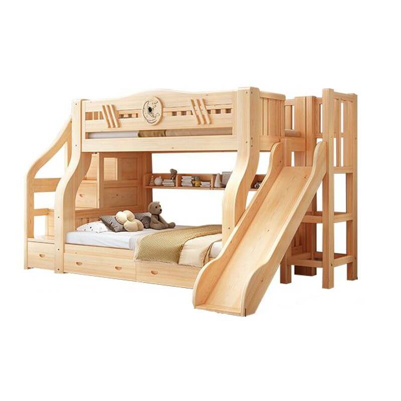 Modern Wooden Bunk Bed with Storage and Bookshelf