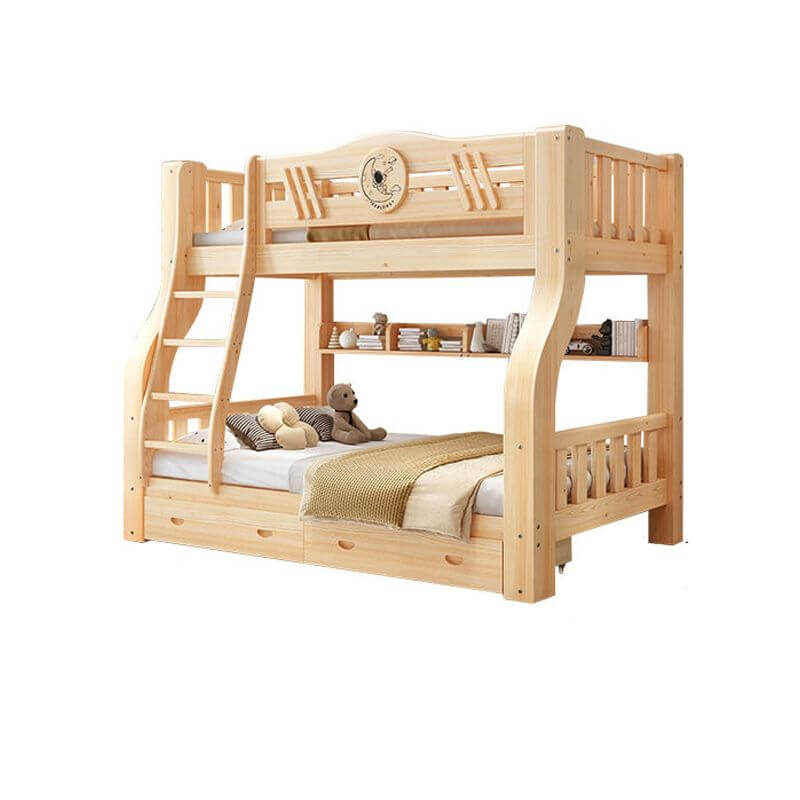 Modern Wooden Bunk Bed with Storage and Bookshelf