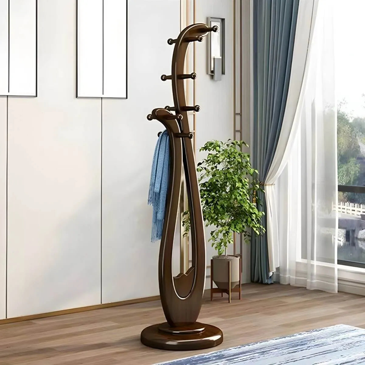 Modern Wooden Hall Tree with Curved Silhouette and Integrated Hooks