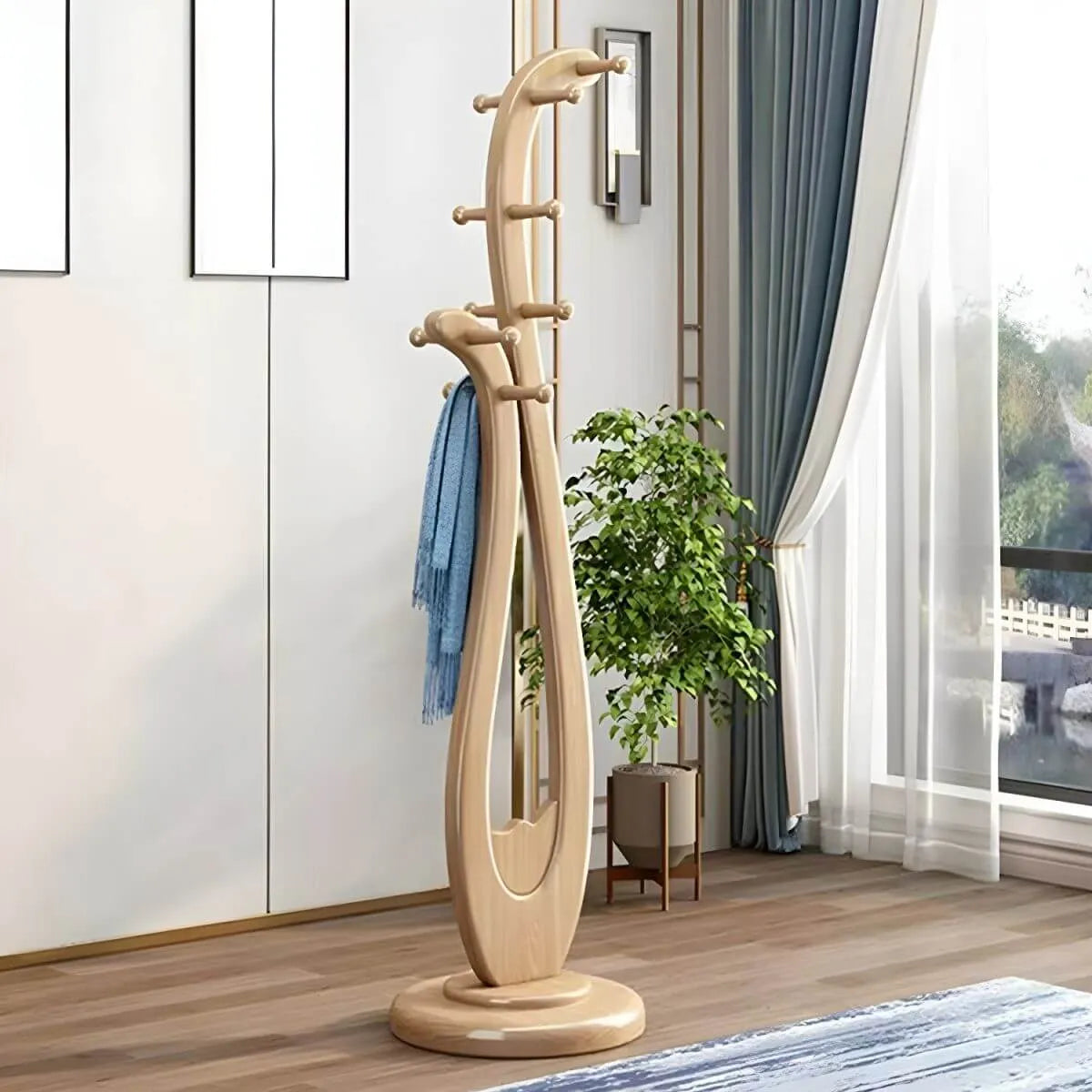 Modern Wooden Hall Tree with Curved Silhouette and Integrated Hooks