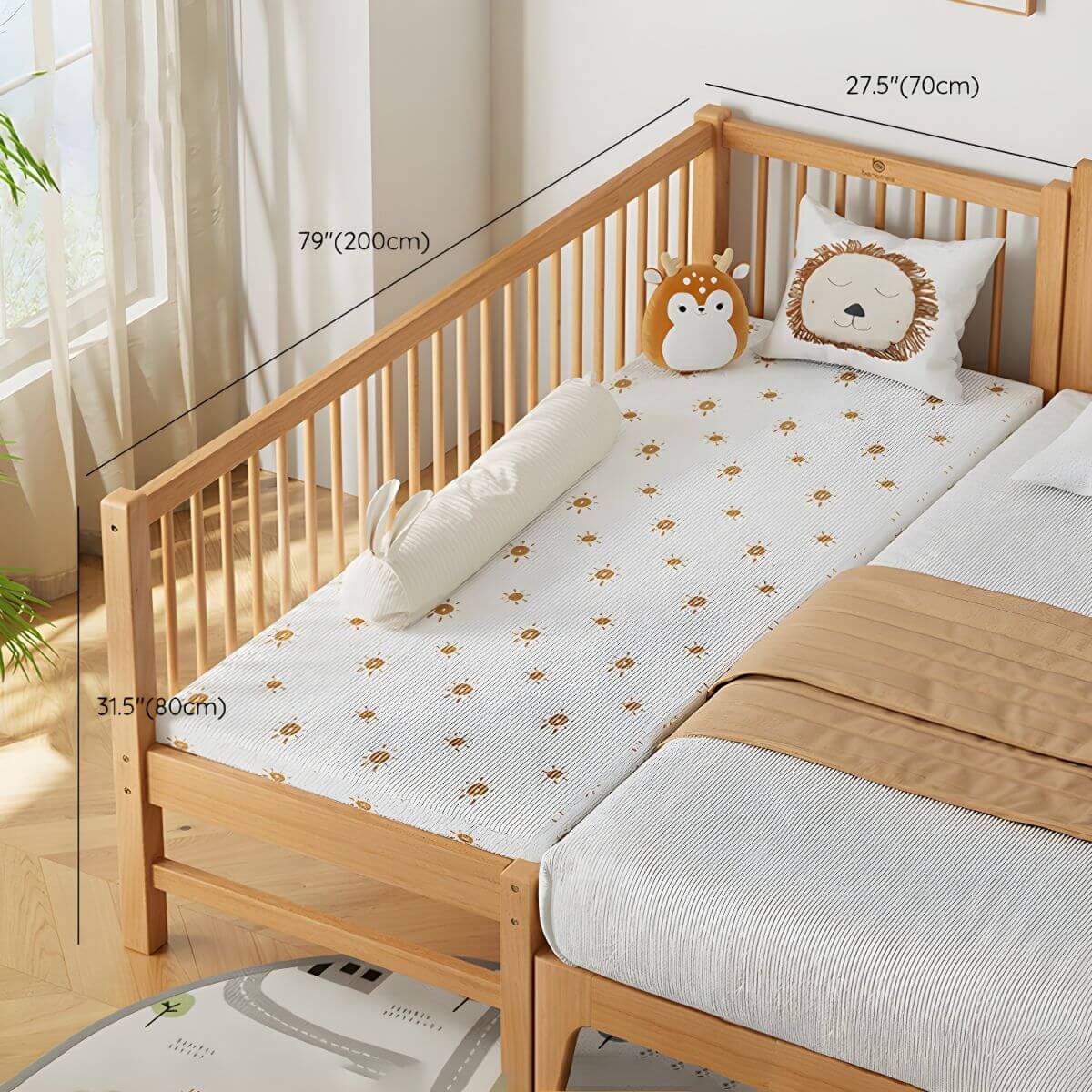 Modern Wooden Kids Bed with Safety Guardrails and Spacious Design Dimensions