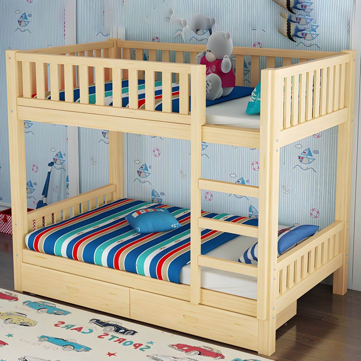 Modern Wooden Kids Bed with Storage and Headboard