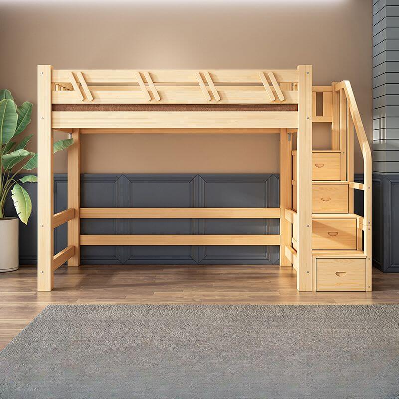 Modern Wooden Loft Bed with Integrated Staircase Storage for Kids メイン画像