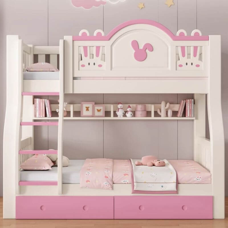 Modern Wooden Twin-over-Twin Bunk Bed with Rabbit Theme, Bookshelf & Ladder Secondary image