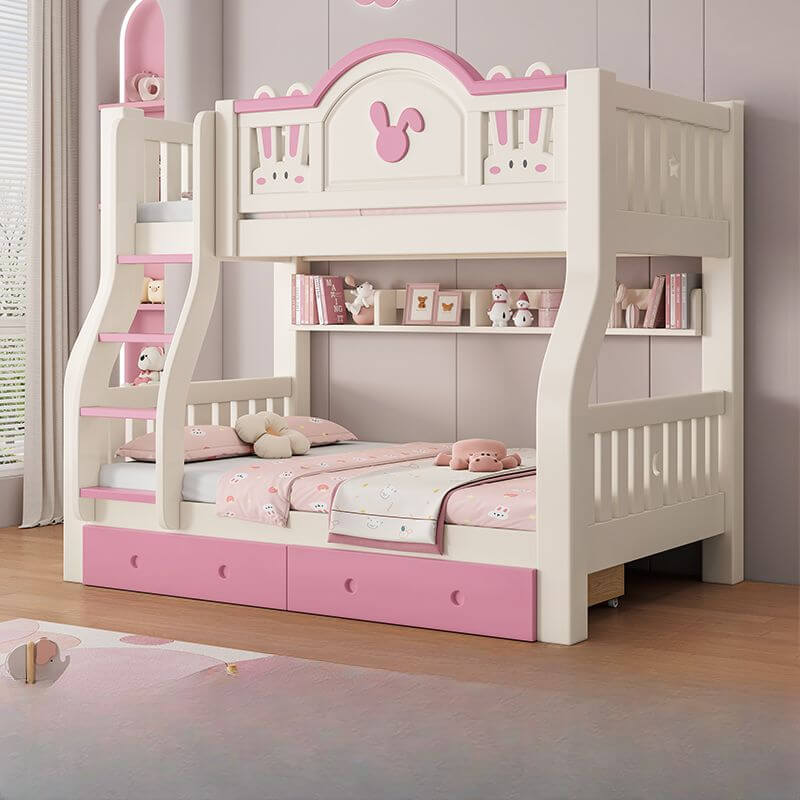Modern Wooden Twin-over-Twin Bunk Bed with Rabbit Theme, Bookshelf & Ladder メイン画像