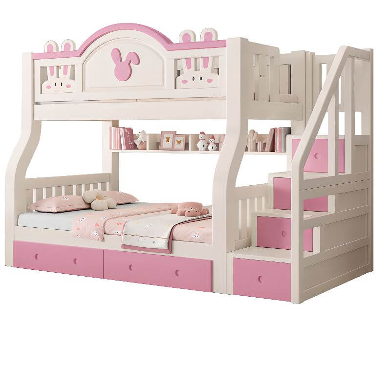 Modern Wooden Twin-over-Twin Bunk Bed with Rabbit Theme, Bookshelf & Ladder