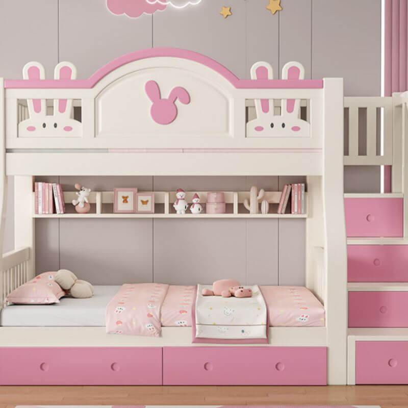 Modern Wooden Twin-over-Twin Bunk Bed with Rabbit Theme, Bookshelf & Ladder Main Product Image Main image
