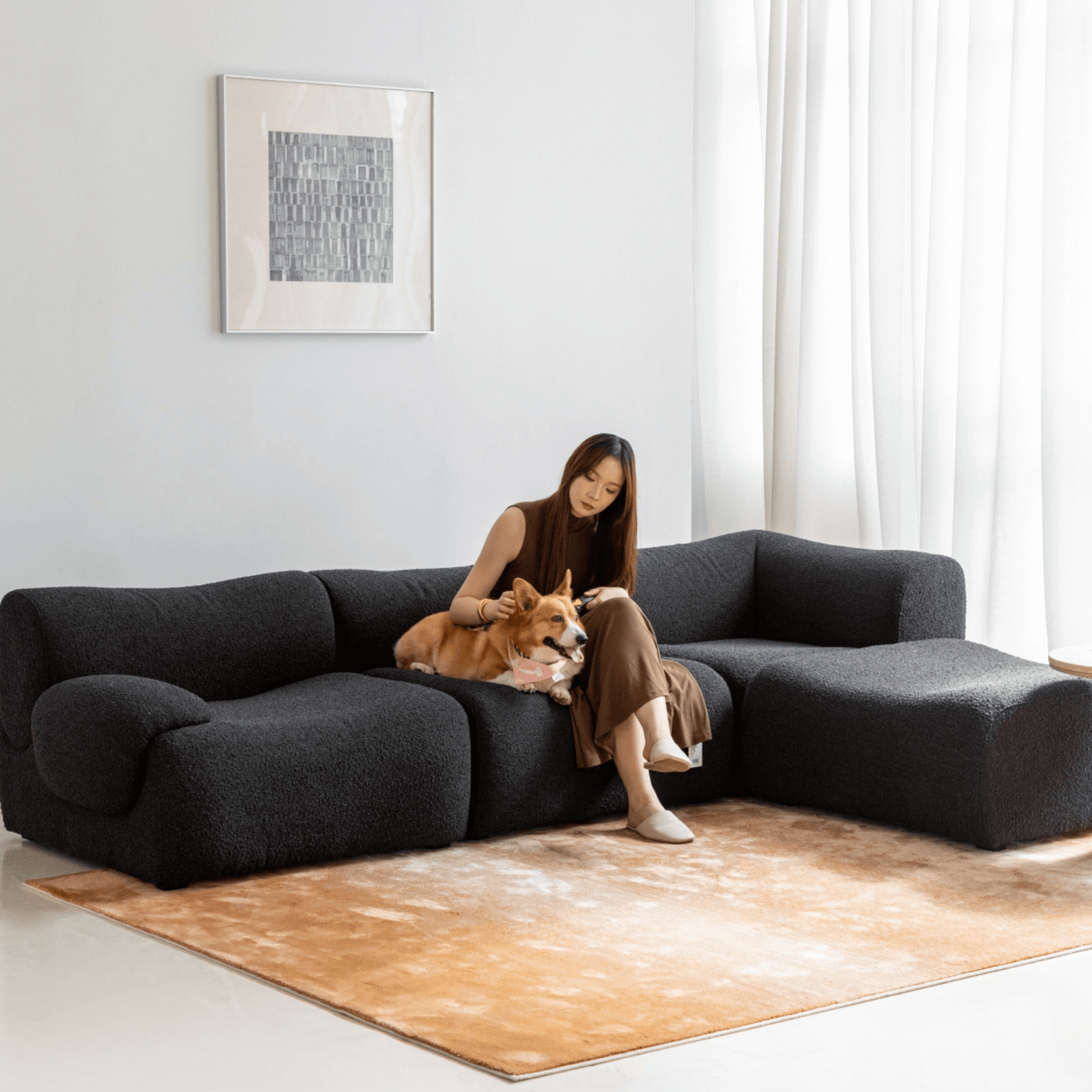 Modular curved frameless sofa with three-layered sherpa upholstery