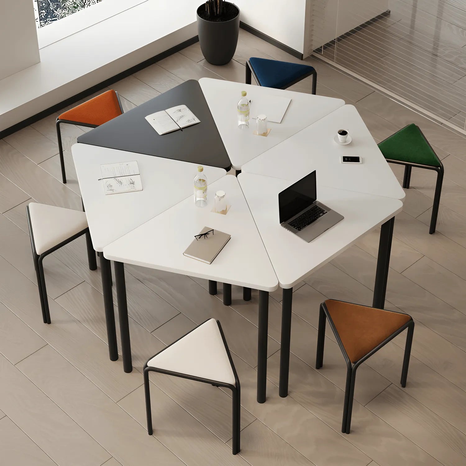 Modular Geometric Conference Desk Set with Cable Ports and Chairs Main Product Image