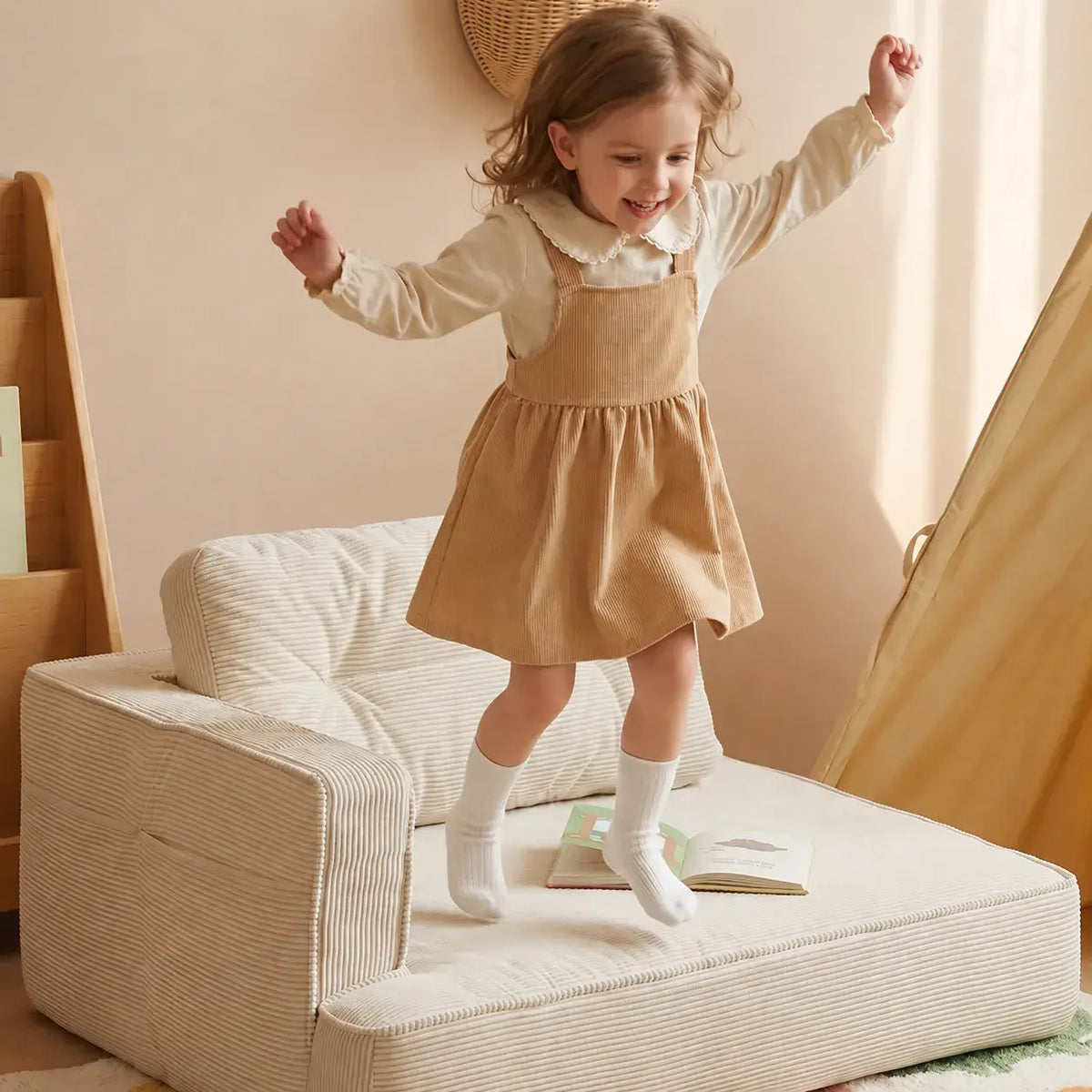 Modular Kids Corner Sofa in Textured Corduroy for Reading Nooks