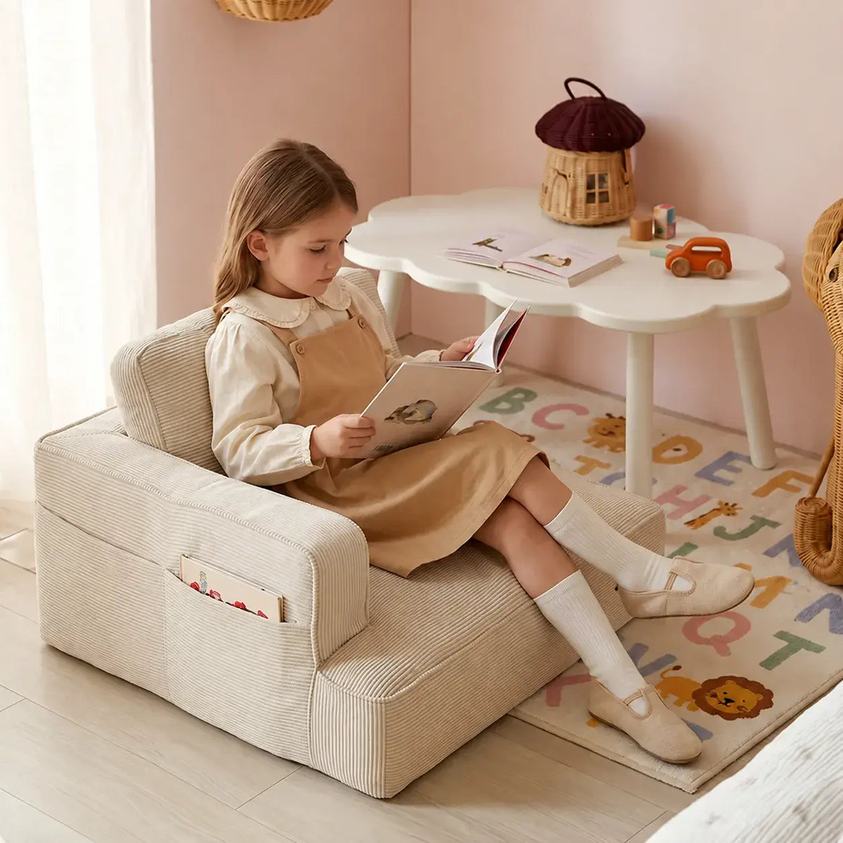 Modular Kids Corner Sofa in Textured Corduroy for Reading Nooks
