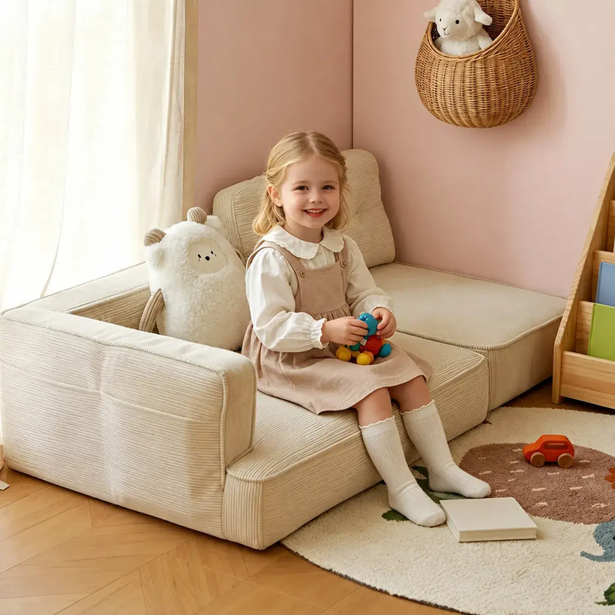 Modular Kids Corner Sofa in Textured Corduroy for Reading Nooks