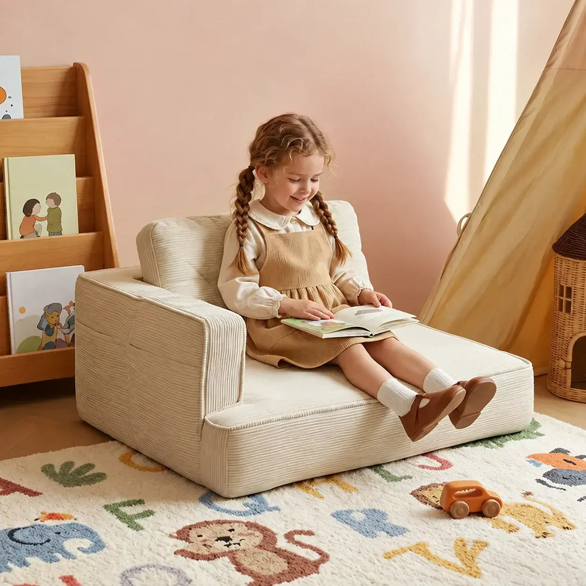 Modular Kids Corner Sofa in Textured Corduroy for Reading Nooks