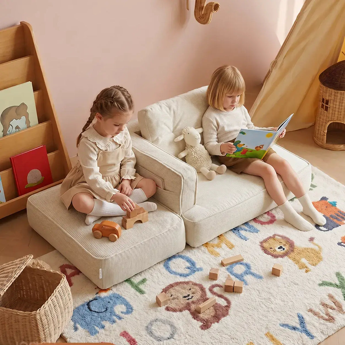 Modular Kids Corner Sofa in Textured Corduroy for Reading Nooks