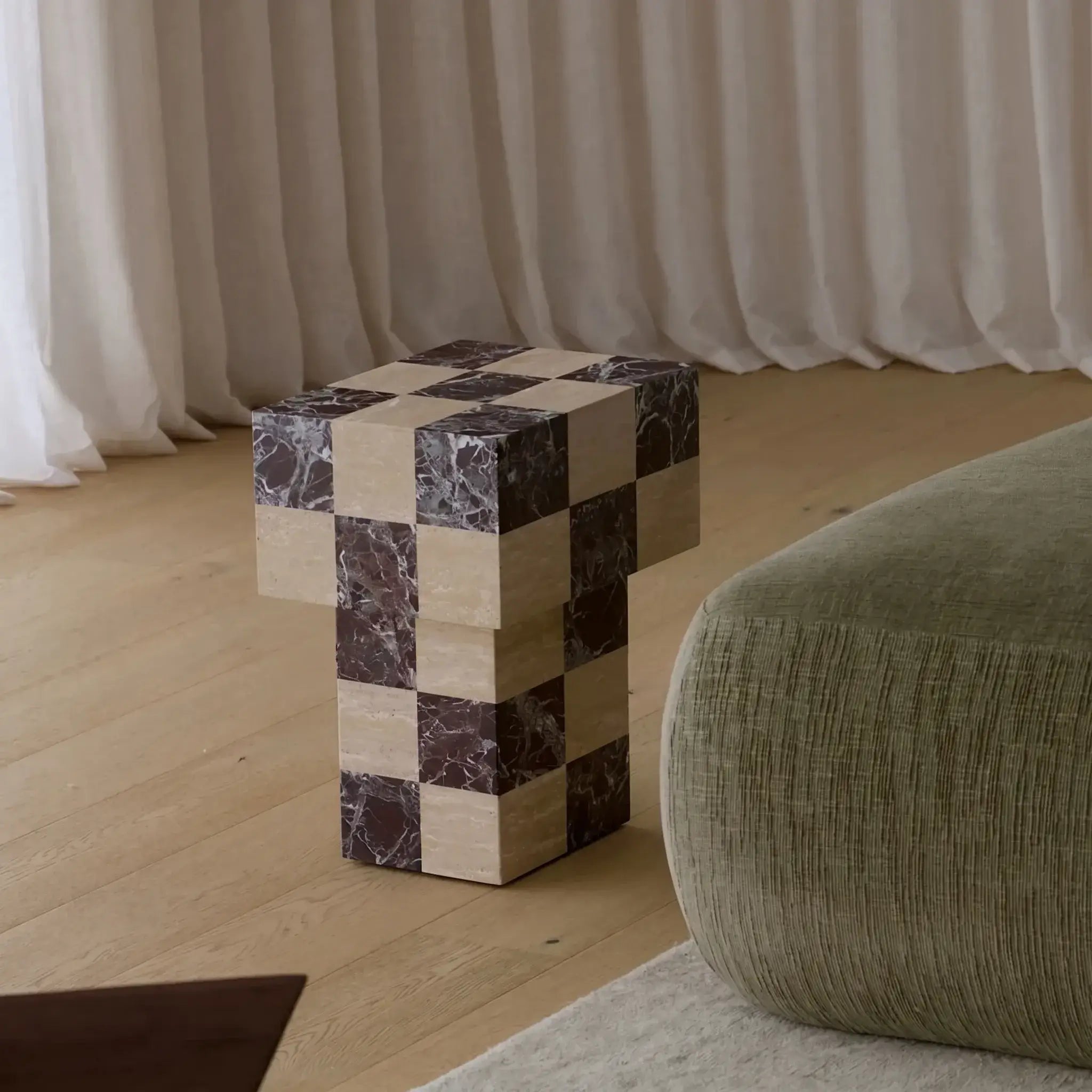 Modular Travertine & Marble Coffee Table System with Checkerboard Craftsmanship