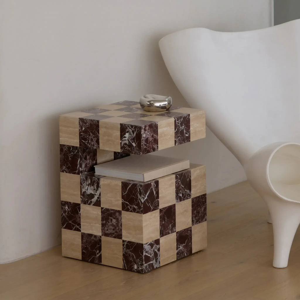 Modular Travertine & Marble Coffee Table System with Checkerboard Craftsmanship