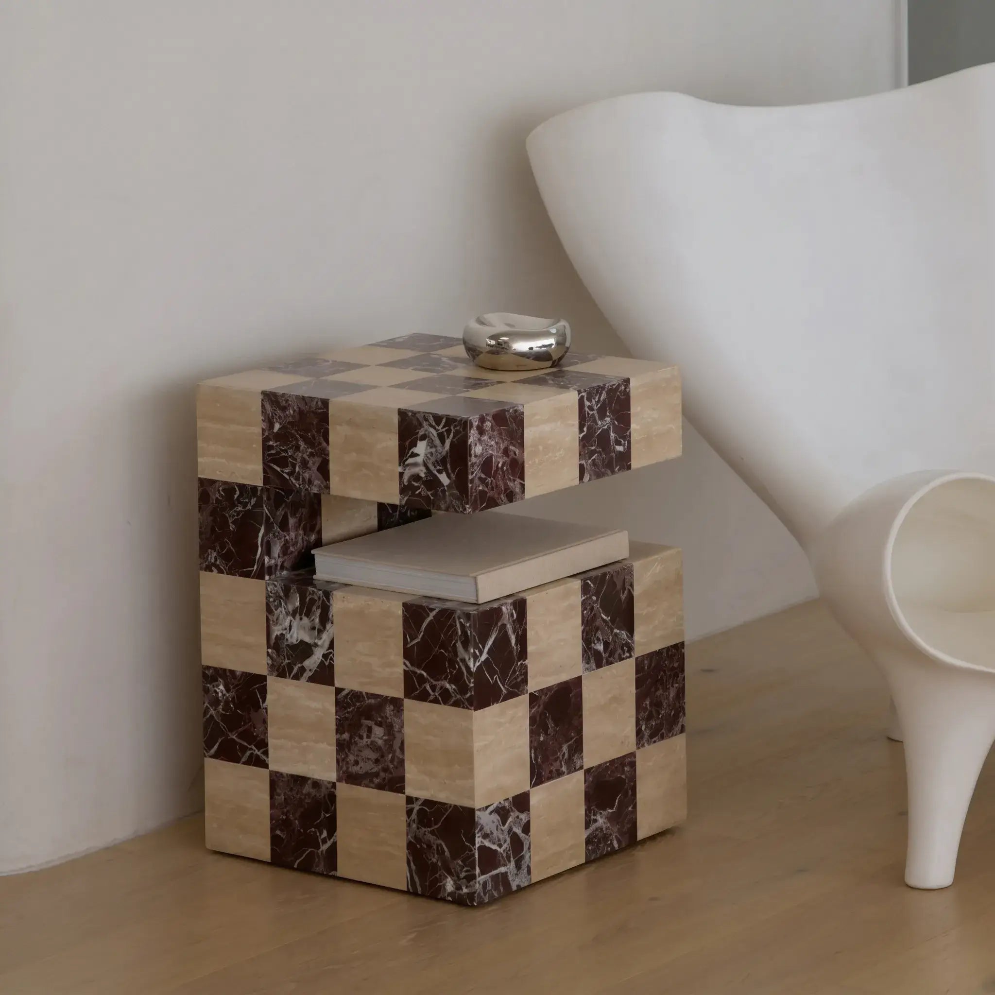 Modular Travertine & Marble Coffee Table System with Checkerboard Craftsmanship