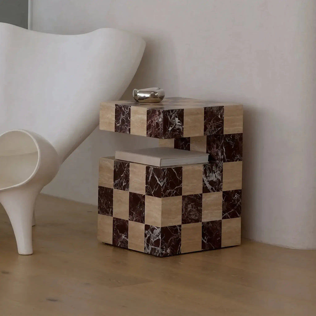 Modular Travertine & Marble Coffee Table System with Checkerboard Craftsmanship