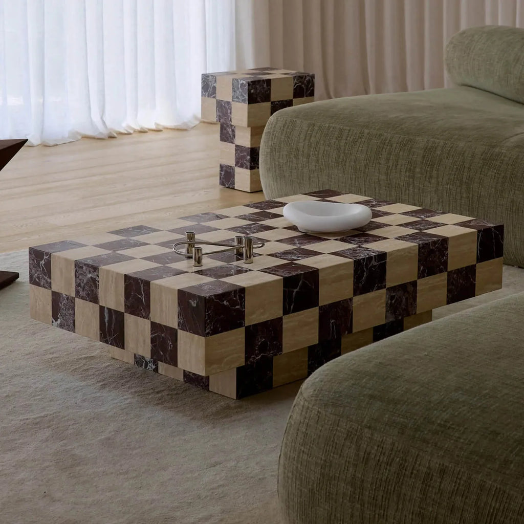 Modular Travertine & Marble Coffee Table System with Checkerboard Craftsmanship Main Product Image