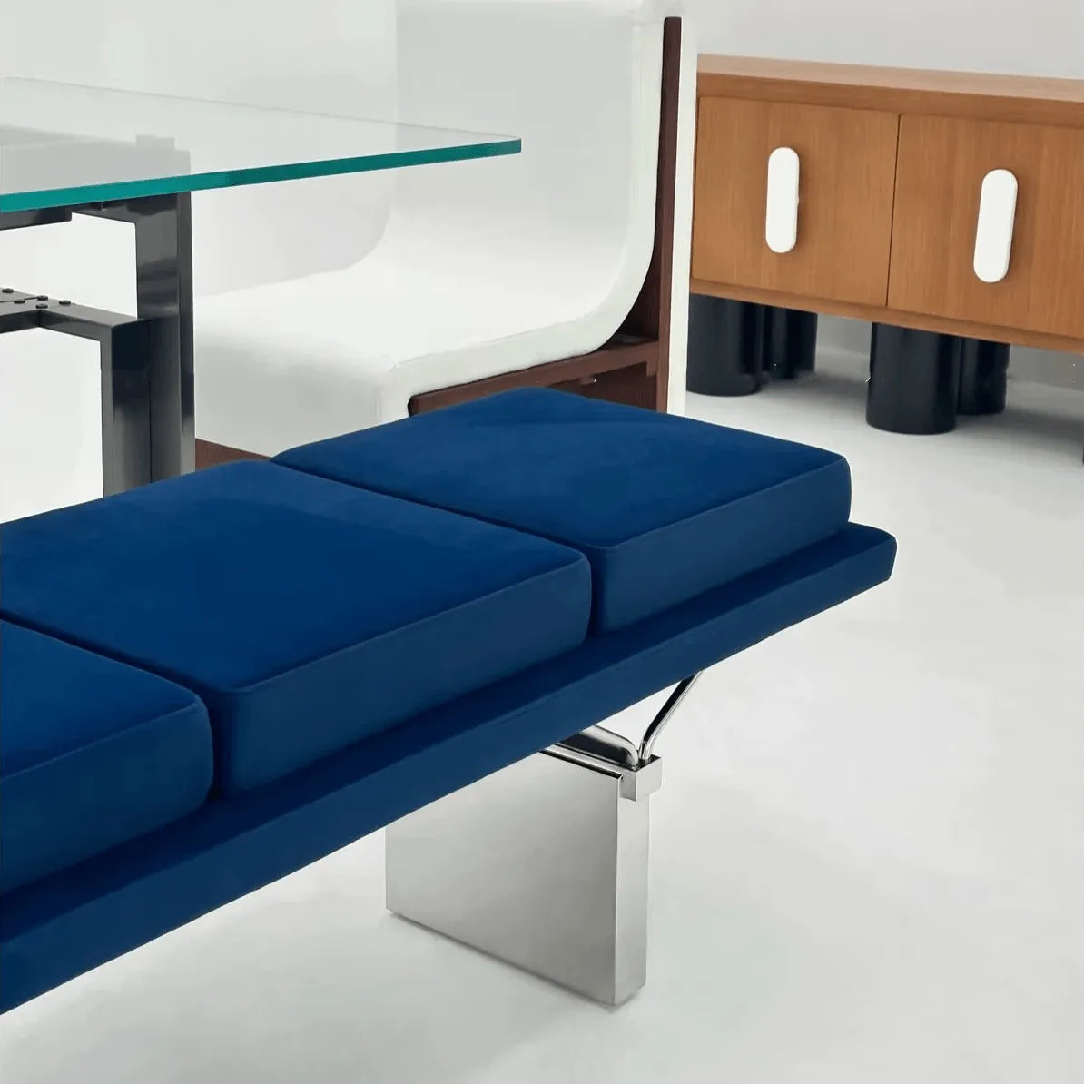 Modular Upholstered Bench with Geometric Metal Base for Modern Interiors