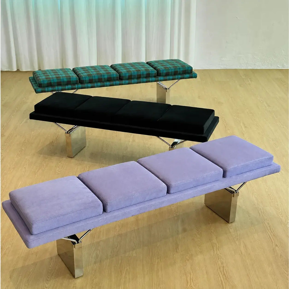 Modular Upholstered Bench with Geometric Metal Base for Modern Interiors Main Product Image Main image