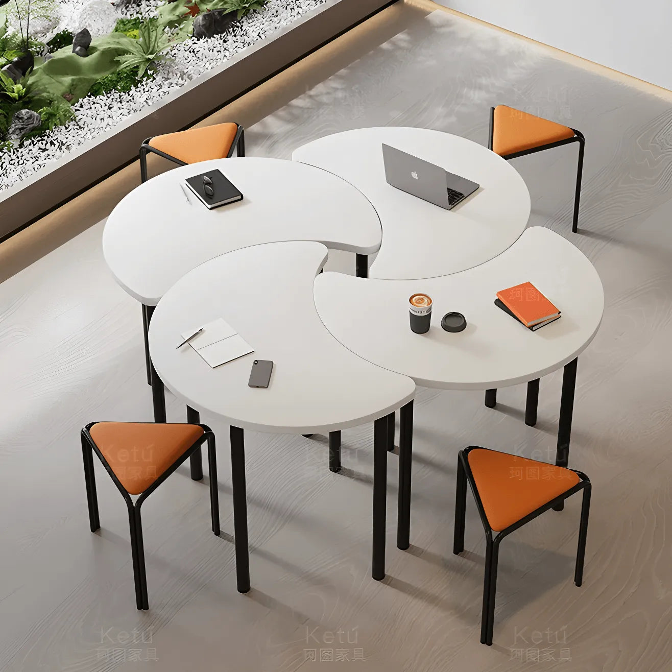Modular White Conference Table Series with Crescent Units and Slim Legs