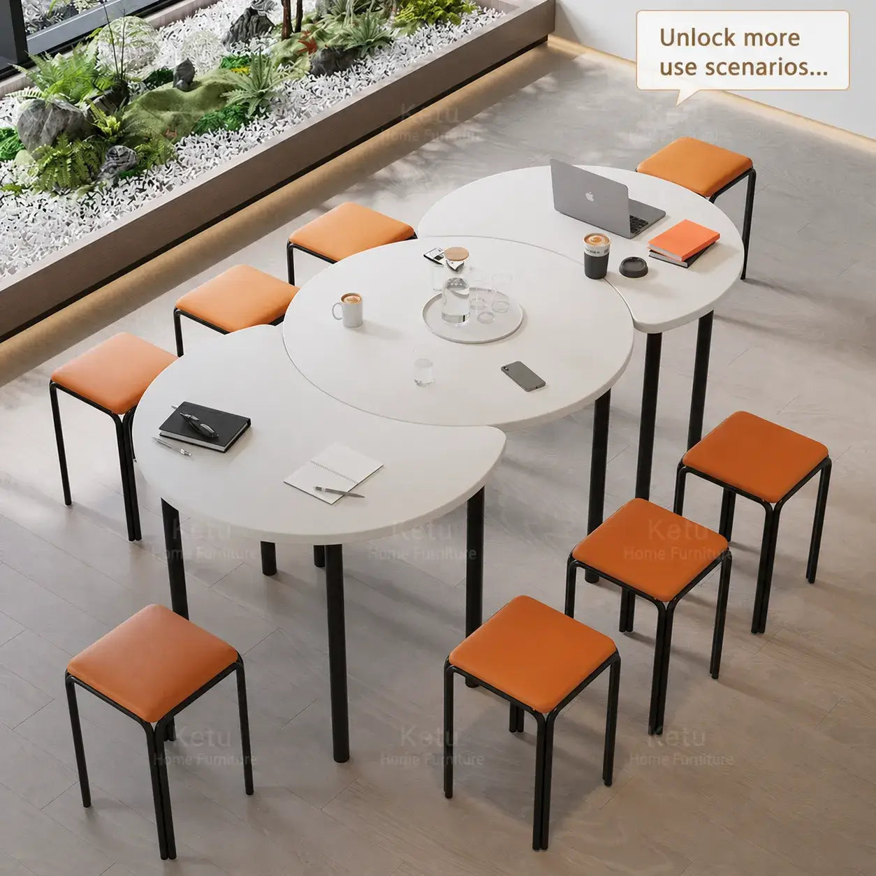 Modular White Conference Table Series with Crescent Units and Slim Legs