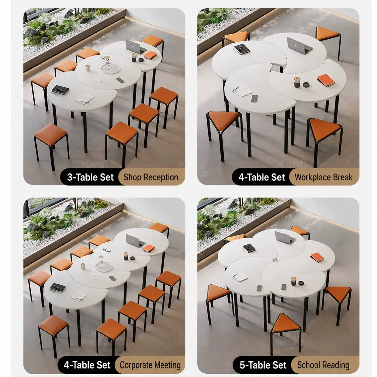 Modular White Conference Table Series with Crescent Units and Slim Legs