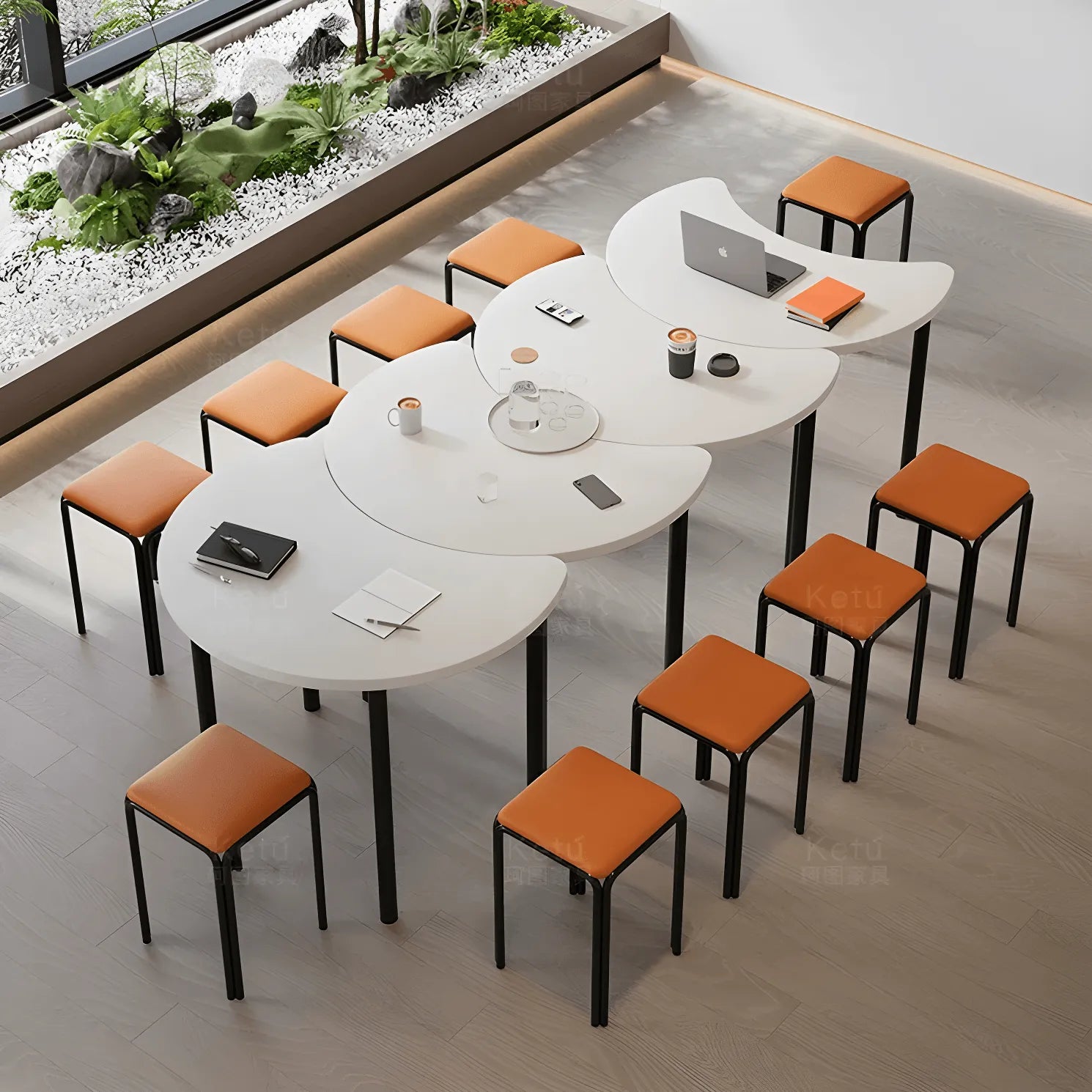 Modular White Conference Table Series with Crescent Units and Slim Legs