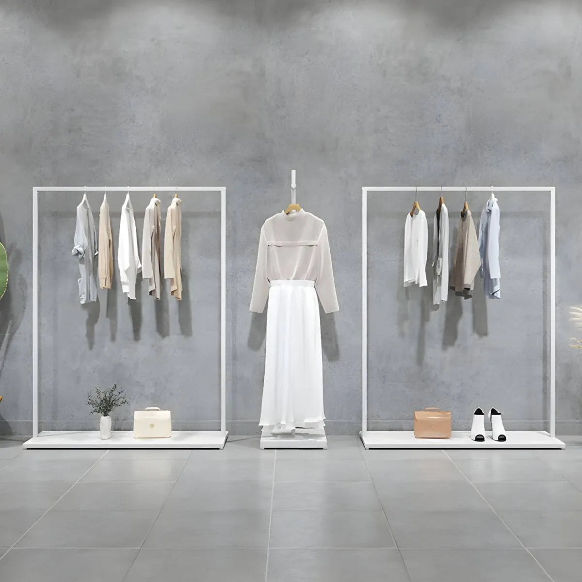 Modular White Metal Hall Tree with Open Shelving & Coat Hooks