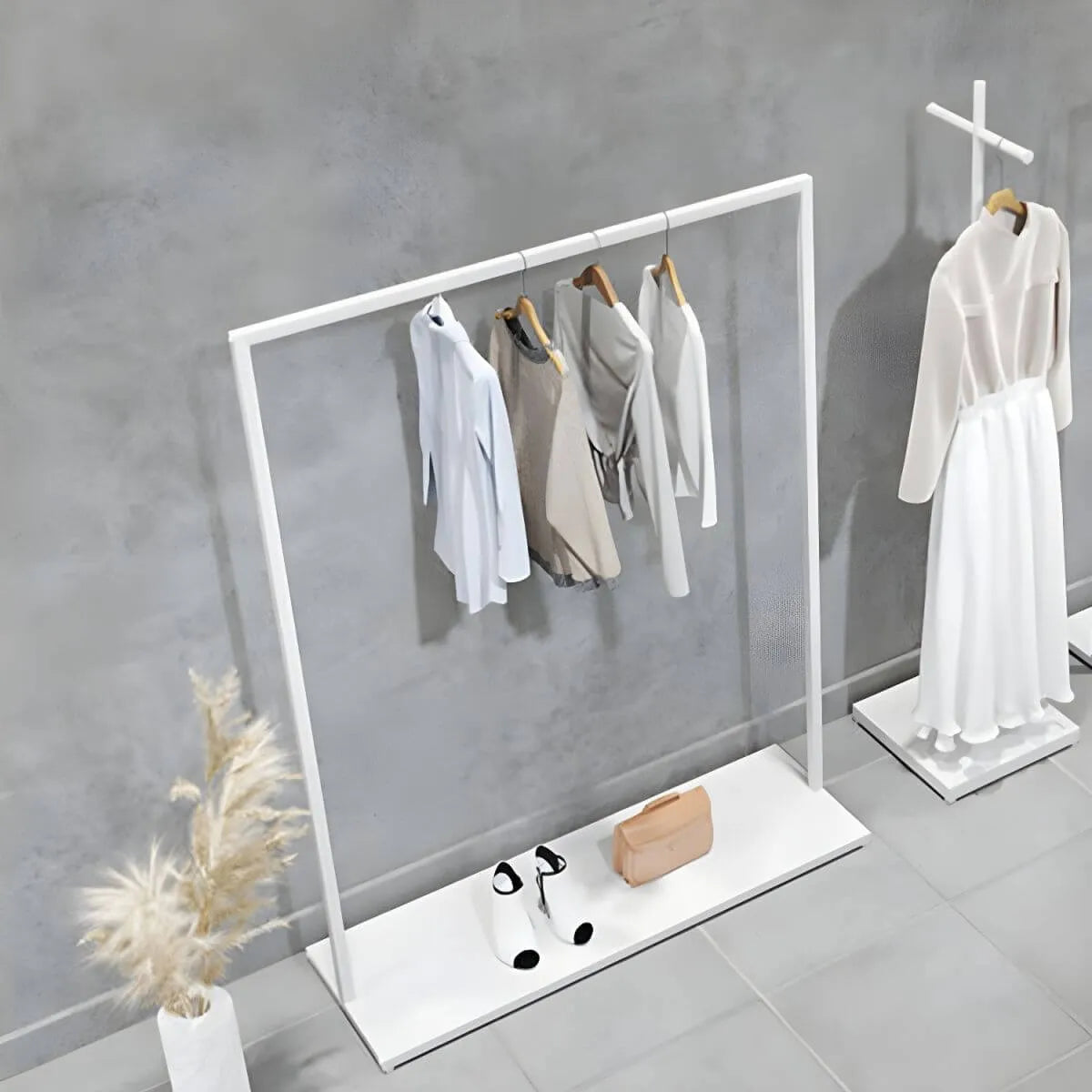 Modular White Metal Hall Tree with Open Shelving & Coat Hooks