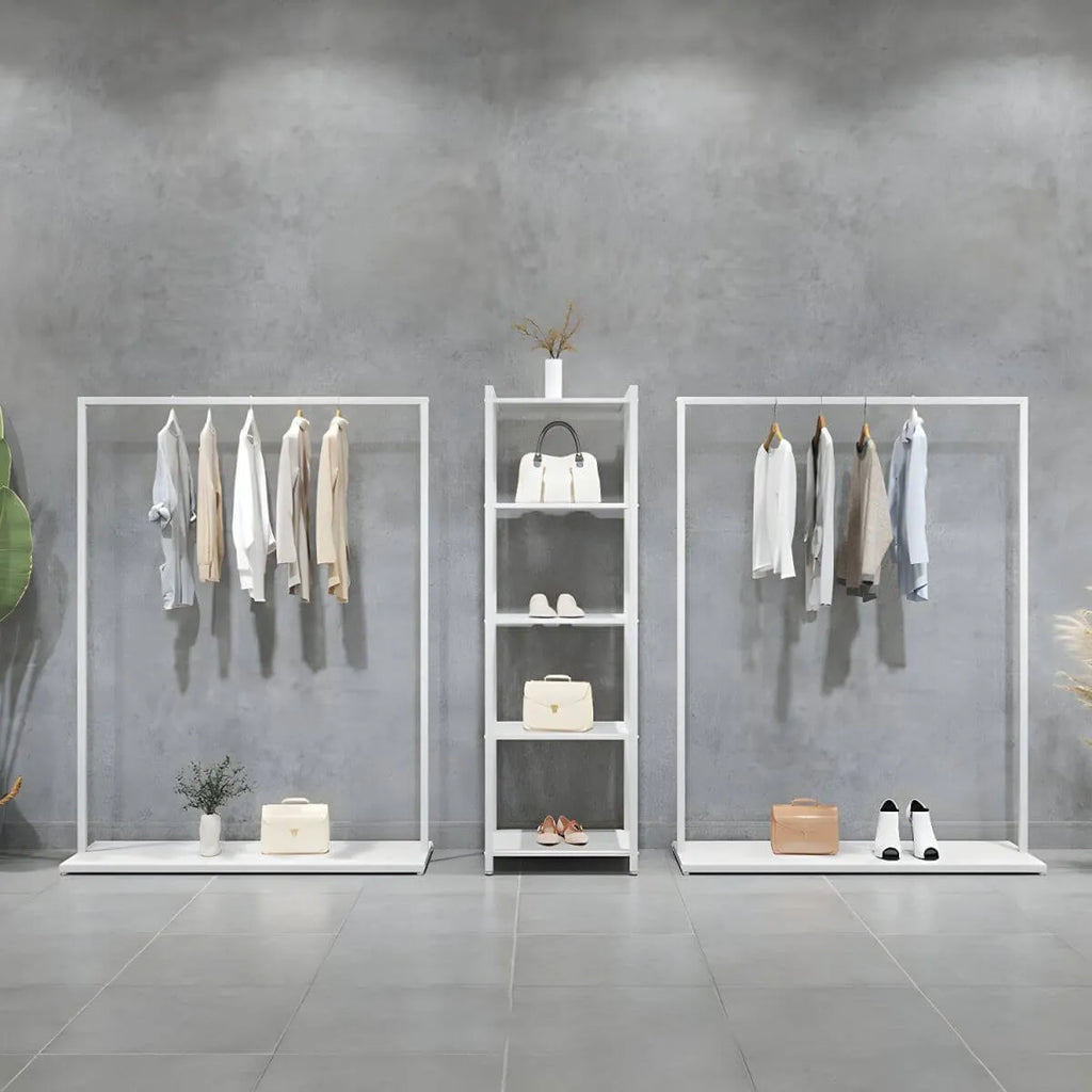 Modular White Metal Hall Tree with Open Shelving & Coat Hooks