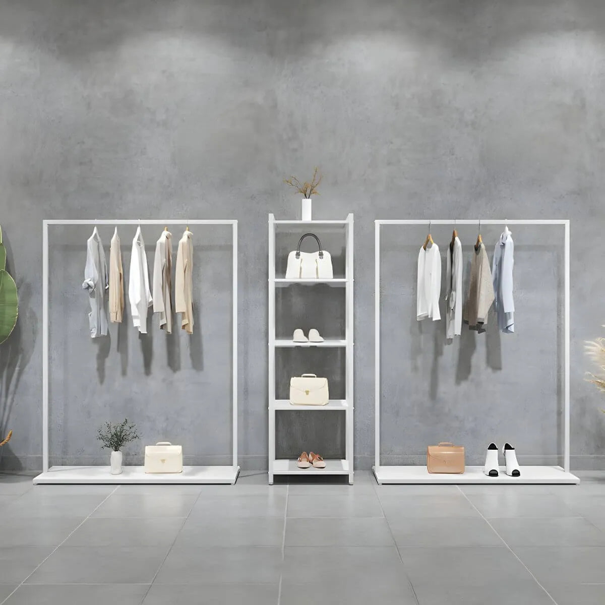Modular White Metal Hall Tree with Open Shelving & Coat Hooks