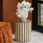 Mother of Pearl Artisanal Drum Side Table With Radiant Inlay