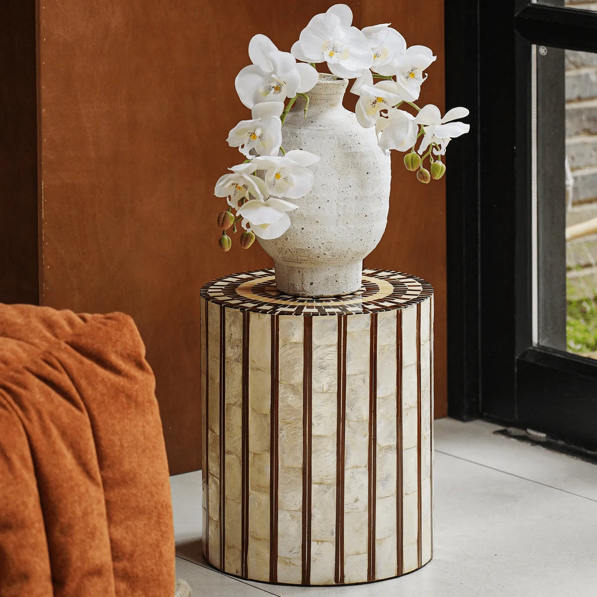 Mother of Pearl Artisanal Drum Side Table With Radiant Inlay