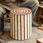 Mother of Pearl Artisanal Drum Side Table With Radiant Inlay
