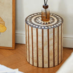 Mother of Pearl Artisanal Drum Side Table With Radiant Inlay